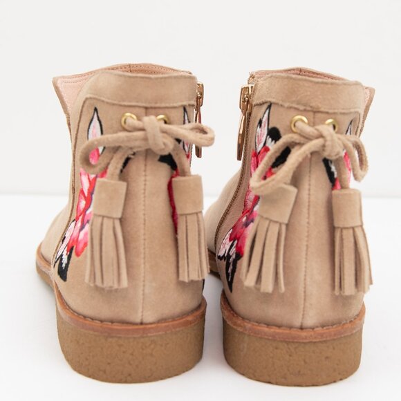 Kate Spade Bellville Ankle Boot Suede Floral Embroidered Bootie Tassel Tan 9 - Picture 4 of 12